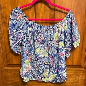 Lilly Pulitzer Blue Floral Off-Shoulder Tunic with Pink & Lime Accents